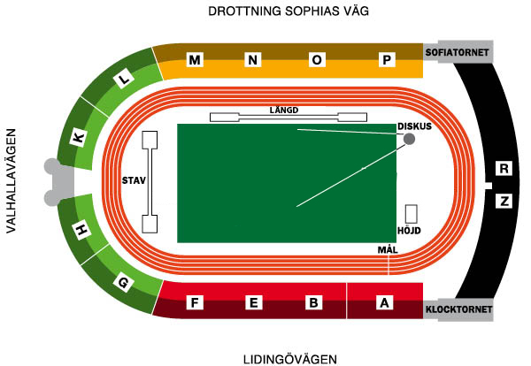 Tukholman olympiastadionin katsomokartta: katsomoalueet R–Z, K–L ja F merkittynä