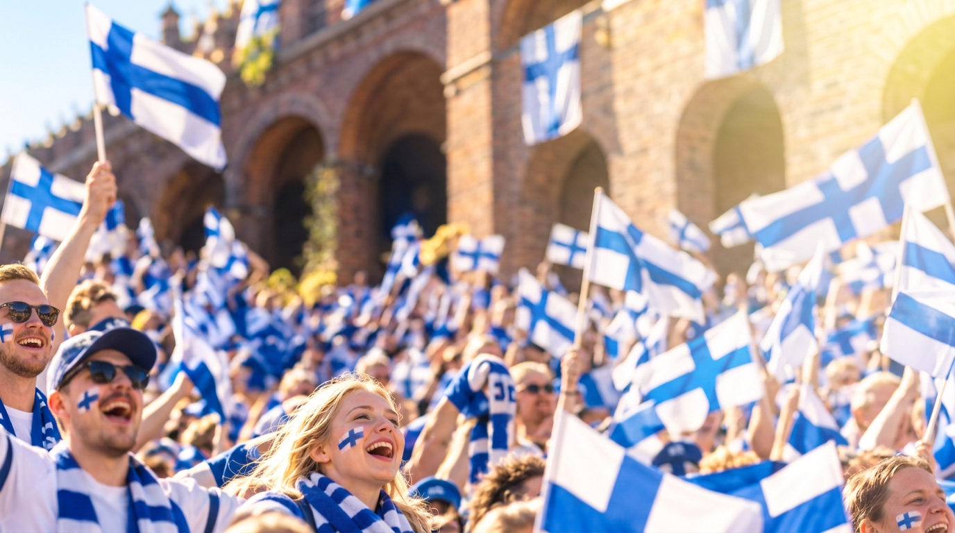 Suomalaisia faneja sinivalkoisin lipuin yleisurheilustadionilla